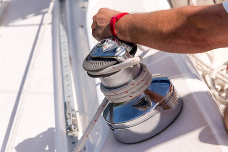 sailing a yacht in the open oceanの写真素材