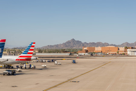 October 2, 2015, Phoenix, Arizona, USA - PHX airport. American Airlines planes on rampのeditorial素材