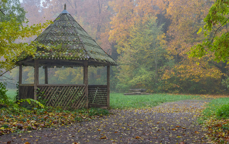 Autumn landscape with old wooden pavilion in the forestの写真素材