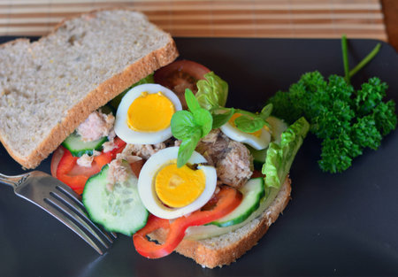 Rye bread sandwich with tuna fish, eggs, tomato and cucumber