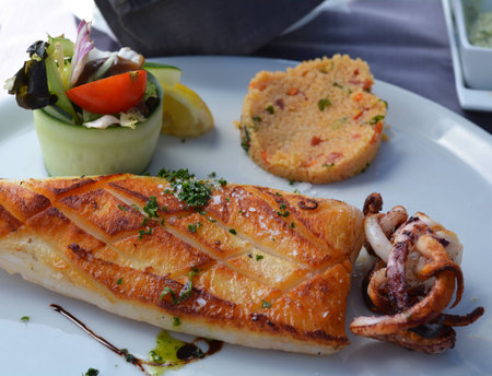 Macro Close up of grilled calamari and vegetables on the white plateの写真素材