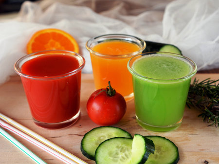 Three glasses of fresh smoothie with tomato, orange and cucumber.の写真素材