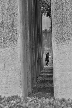 July 2015 - The Jewish Museum Berlin, Berlin, Germany: The Garden of Exile and Emigration.The 49th column, filled with earth from Jerusalem, stands for Berlin. The whole garden is on a 12ÃÂ° gradient and disorients visitors.のeditorial素材