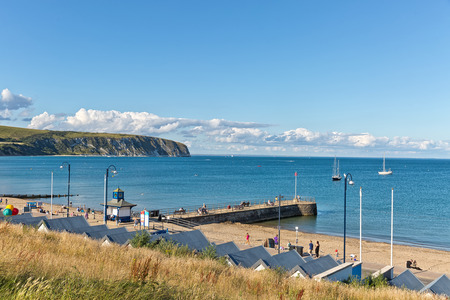 Swanage, Dorset, UK - July 2016. A view of Swanage bay looking towards Bournemouth and Old Harry rock at Swanage in Dorset, UKのeditorial素材
