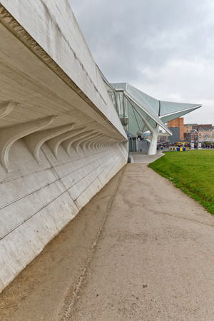LIEGE, BELGIUM - December 2014: Side view of the Liege-Guillemins railway station, designed by Santiago Calatrava.のeditorial素材