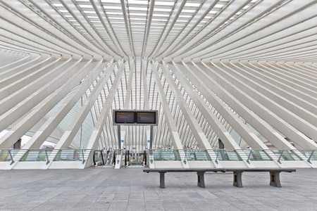 LIEGE, BELGIUM - December 2014: Abstract view on the roof of the Liege-Guillemins railway station, designed by Santiago Calatrava.のeditorial素材