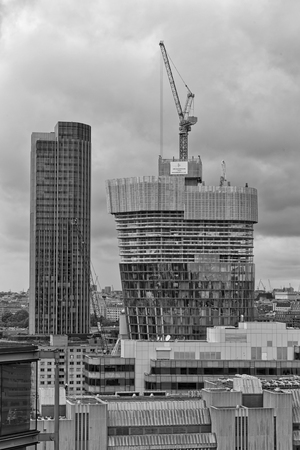 London, UK - July 2016: London and City of London panoramic view from Tate Modern Switch House roof observation terrace. London England. One Blackfriars under constructionのeditorial素材
