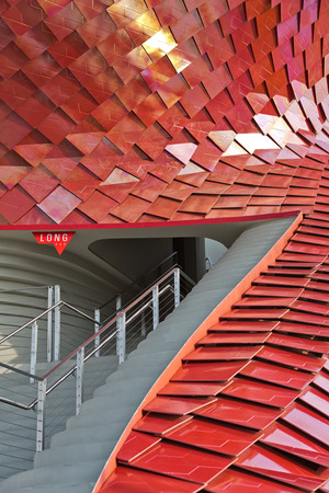 MILAN, ITALY - September 2015: : Architectural view of Vanke Pavilion at World Expo 2015 in Milan, realized with red ceramic. Pavilion designed by Daniel Libeskind Studioのeditorial素材
