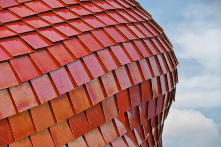 MILAN, ITALY - September 2015: : Architectural view of Vanke Pavilion at World Expo 2015 in Milan, realized with red ceramic. Pavilion designed by Daniel Libeskind Studioのeditorial素材
