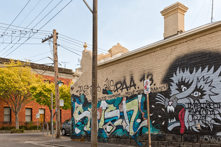 Melbourne, Australia - February 2015: Street art by an unknown artist in the inner suburb of Fitzroy, in the vicinity of Brunswick Street, site of the best street art outside the city centre.のeditorial素材