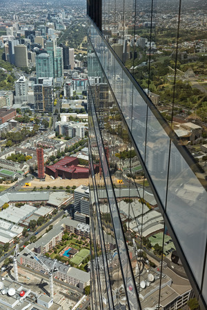 Melbourne, Australia - February 2015: View from Eureka Tower observation deck (Eureka Skydeck 88), the highest public vantage point in a building in the Southern Hemisphere. Eureka Tower is designed by Fender Katsalidis Architects (FKA)のeditorial素材