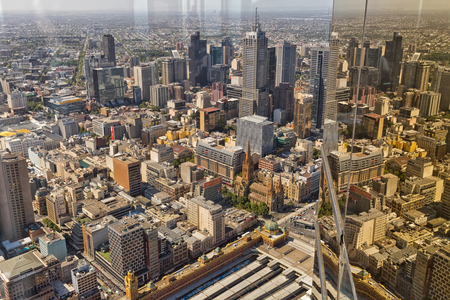 Melbourne, Australia - February 2015: View from Eureka Tower observation deck (Eureka Skydeck 88), the highest public vantage point in a building in the Southern Hemisphere. Eureka Tower is designed by Fender Katsalidis Architects (FKA)のeditorial素材