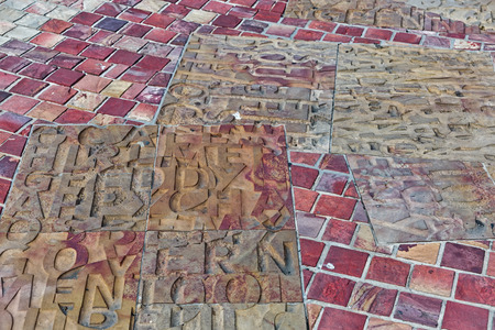 Melbourne, Australia - February 2015: Kimberley Sandstone and Quartzite used on Federation Square outside floor, designed by Lab Architecture Studio. The square is a public space created in 2002 in the heart of Melbourne.の写真素材