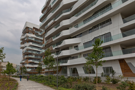 MILAN, ITALY-September, 2015: Urban Geometry of new modern residential building houses of City Life business and residential district, in Milan. Designed by Zaha Hadid Architectsの写真素材