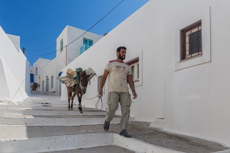 Amorgos Island, Greece - October 2015: Local Greek man with a Donkey with water tanks going along the street of Amorgosのeditorial素材