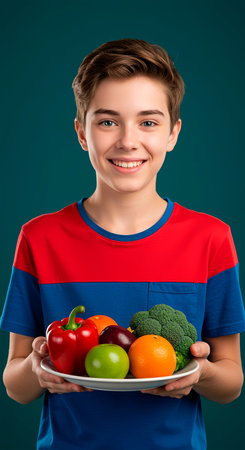 AI generated teenage boy holding plate with colorful fruits and vegetables, healthy lifestyle and nutrition education conceptの素材
