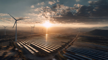 Renewable energy plant with solar panels and wind turbines at sunset, concept of sustainability and clean power.の素材