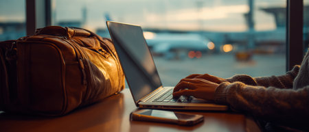 Remote worker using laptop at airport during sunset with travel bag and airplane in the background, symbolizing mobility, productivity, and modern work.の素材