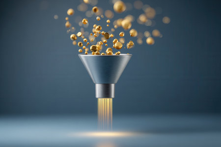 Metal funnel processing floating golden spheres, concept of efficiency, conversion and sales funnel.の素材