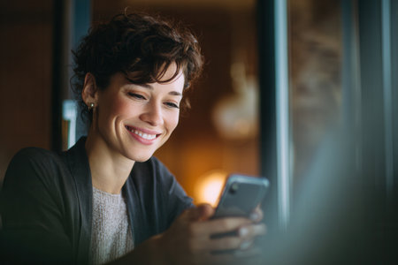 Smiling woman using mobile phone in warm modern environment, concept of digital connection, communication and business.の素材