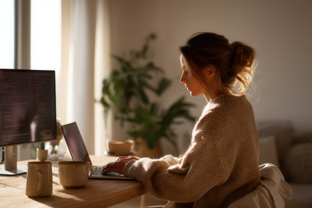 Female programmer working with laptop in cozy home office lit by natural light, concept of modern remote work.の素材