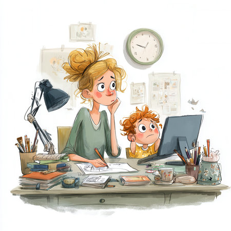 Mother and child sitting at a cluttered desk with a tired expression. Concept of remote work, exhaustion, and motherhood.の素材
