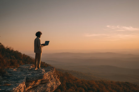Person standing on cliff with laptop at sunset. Concept of digital freedom, remote work, and global connection.の素材