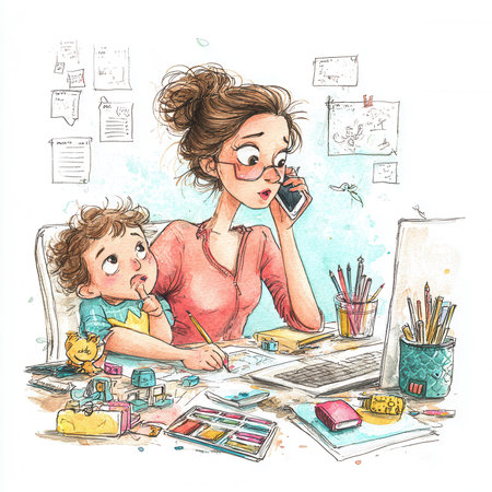 Artistic illustration of mother working from home with child, balance between remote work and creative motherhood.の素材
