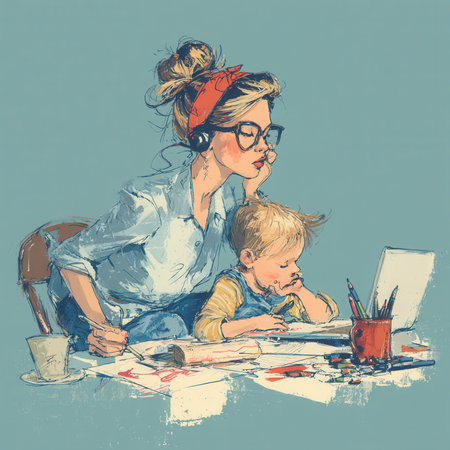 Artistic illustration of a creative mother working with her child, surrounded by drawings and coffee. Concept of remote work and family life.の素材