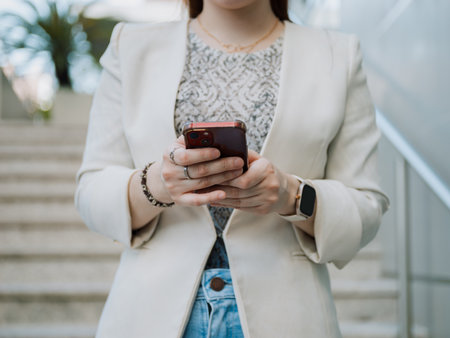 Close-up of a professional woman using a mobile phone. Corporate lifestyle and digital communication concept.の写真素材