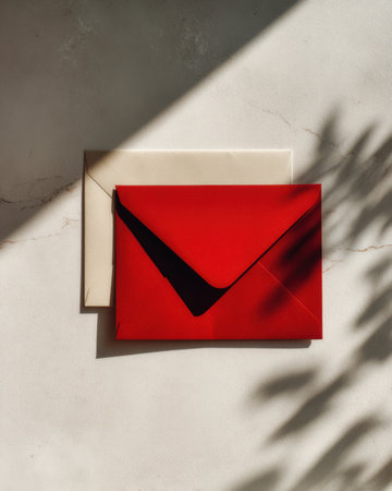 Red and white envelopes arranged on a neutral textured surface, representing communication, correspondence, and modern stationery.の素材