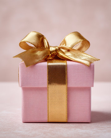 Close-up of a small pink gift box with a satin gold bow on a softly textured background. Ideal for greeting cards, gift ads, and romantic campaigns.の素材