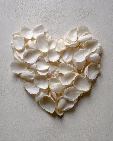 Heart made of white petals on a light textured gray background in a clean minimalist composition. Ideal for editorial design, cards, branding, and love campaigns.の素材