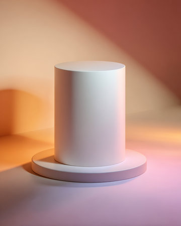 White cylindrical podium on a circular base with warm lighting and soft gradient background, ideal for product display, branding, and advertising mockups.の素材