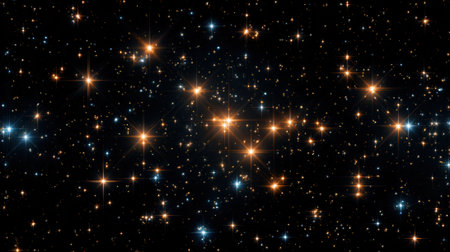 Wide star field with golden and blue stars on a dark background. Ideal for astronomy, science, and visual backgrounds.の素材