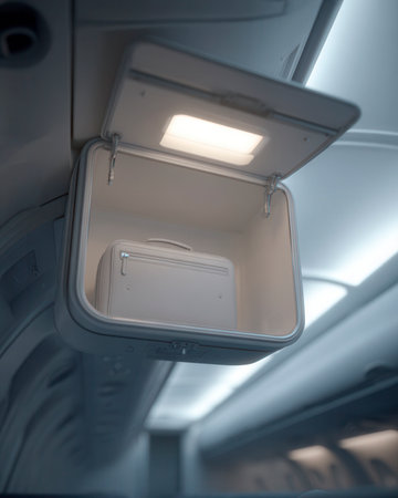 Open and empty airplane overhead compartment, ideal for travel, space, and air transportation concepts.の素材