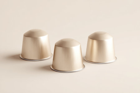 Three coffee capsules on light surface with soft lightingの素材
