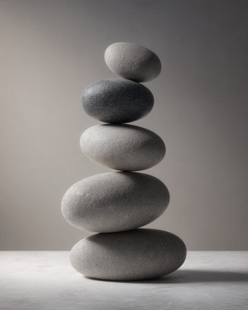 Balanced stack of smooth stones conveying calm and stability. Suitable for wellness, balance, and mindfulness concepts.の素材