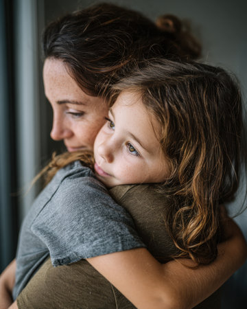 Mother hugging her daughter near a window in an intimate emotional portrait, showing comfort, support and safety for family and wellbeing marketing.の素材