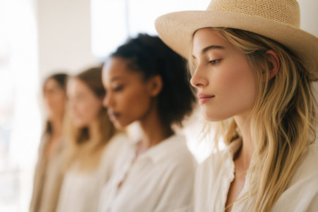 Small group of women standing in a row in soft indoor light, minimalist calm mood for wellness retreats, mindfulness, self-care and lifestyle branding.の素材