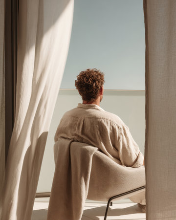 Back view of a person seated between light curtains looking toward the sky or sea in soft beige tones, summer getaway and calm contemplation concept for travel and wellness use.の素材