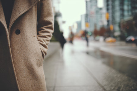 Close-up of a winter coat with hands in pockets on a wet urban sidewalk with blurred city background, cold weather commute and street style concept for advertising use.の素材