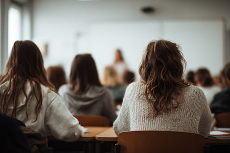 Classroom with students seen from behind during a lesson, blurred teacher and modern academic atmosphere.の素材