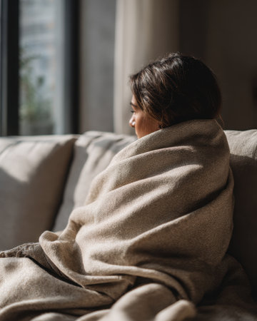 Person wrapped in a blanket on a sofa near a window, warm minimalist home comfort scene.の素材