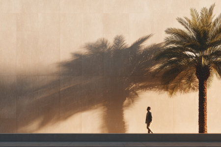 Person walking near a palm tree against a warm wall with long shadows, minimalist summer aesthetic for tourism, lifestyle branding, and modern travel visuals.の素材