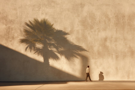 Person walking along a warm-toned wall with a large palm shadow, horizontal minimalist composition for summer, travel, and urban lifestyle concepts.の素材