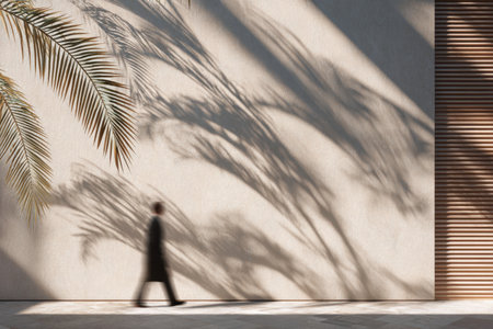 Soft motion figure in front of a sunlit wall with palm shadows, modern minimalist scene ideal for advertising backgrounds and lifestyle storytelling.の素材