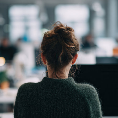 Back view woman in a coworking office with blurred monitors, useful for teamwork, creative culture, management, and corporate marketing concepts.の素材