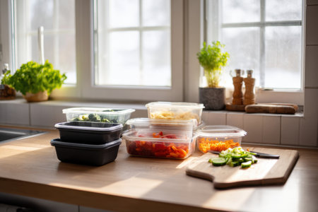Bright kitchen counter with meal containers and sliced vegetables on a cutting board, home meal prep and organized lunches scene.の素材