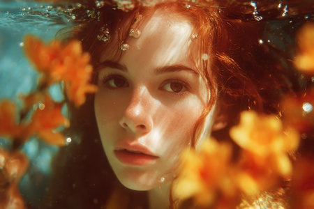 Underwater close-up of a young woman with soft orange flowers in foreground and calm gazeの素材